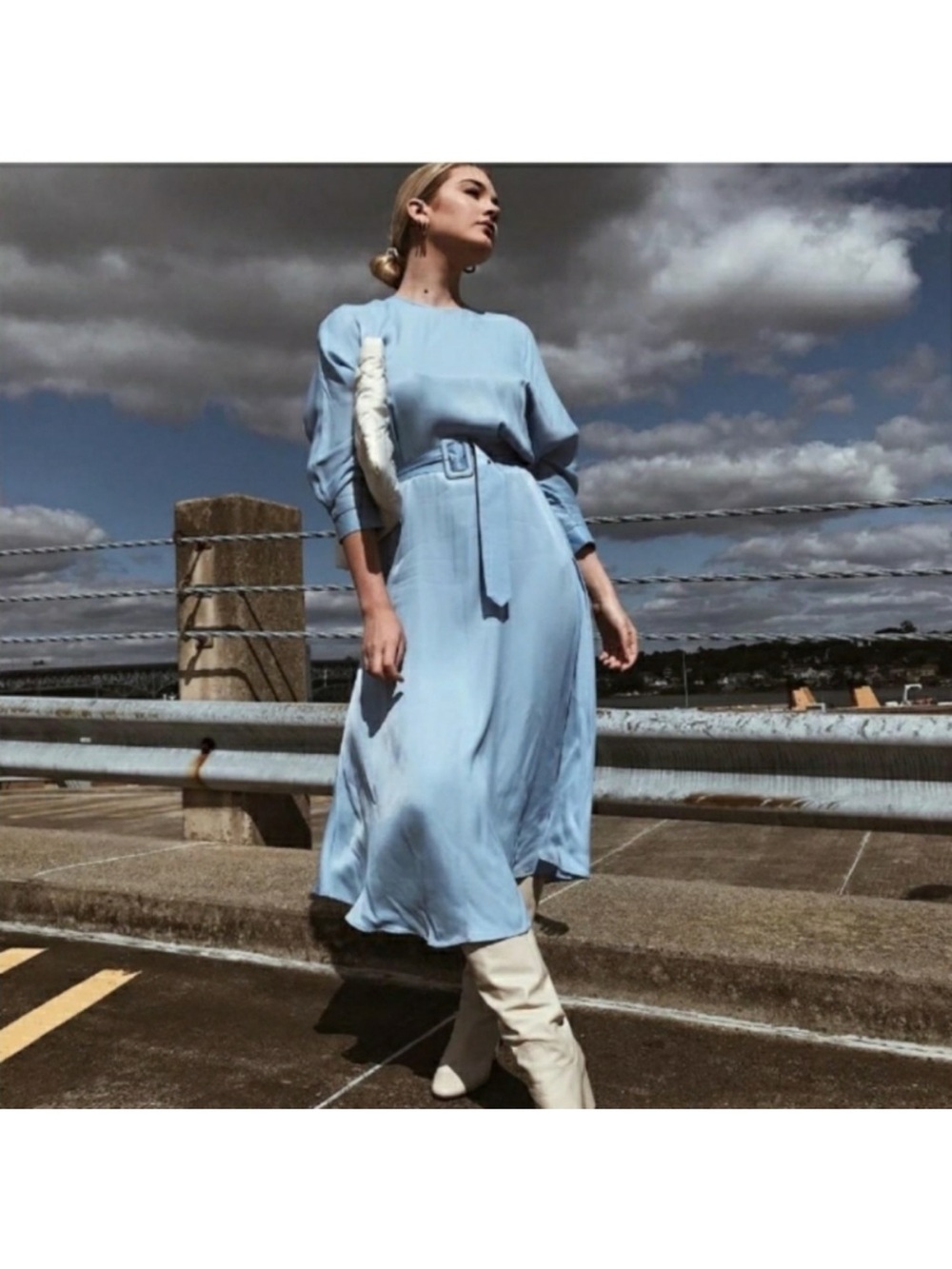 Zara Light Blue Belted Midi Dress